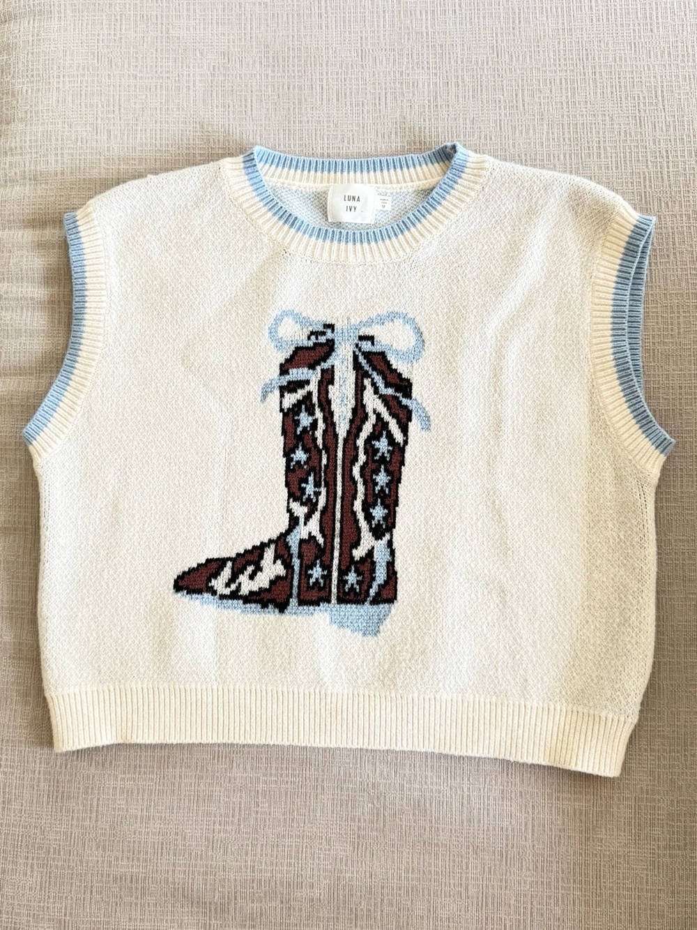 Luna Ivy Cowboy Boot Sweater Vest Blue Bow Graphic Size M